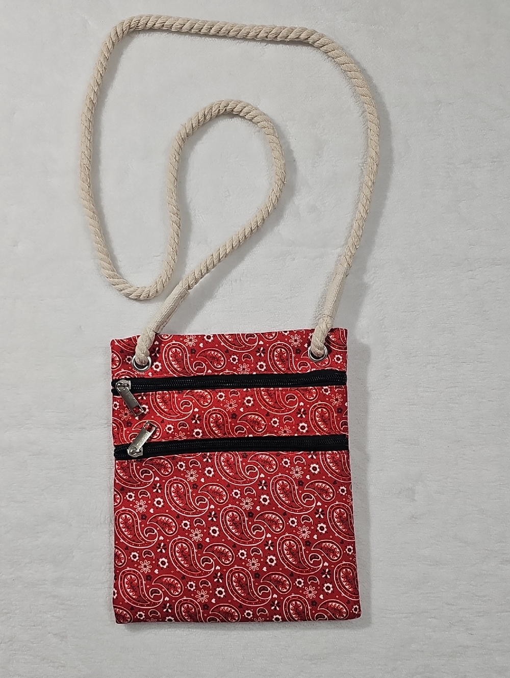 Sunsations Red Paisley Bandana Print Crossbody Bag‎ Rope Strap Festival Pouch